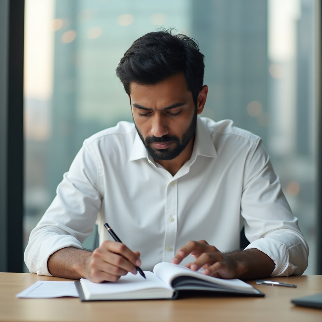 Profesional con libro de negocios abierto tomando notas en cuaderno, ambiente de concentración