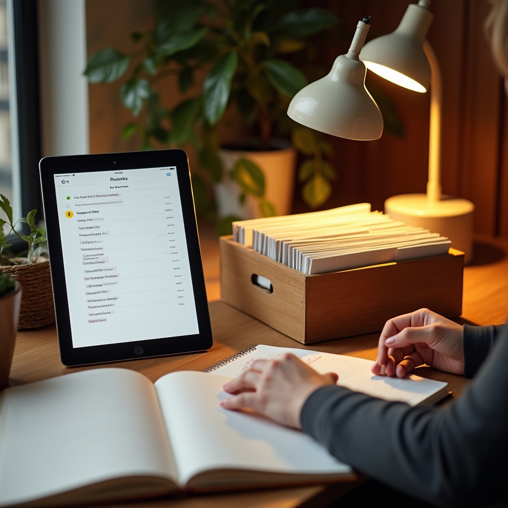 Sistema de notas digitales y fichas físicas organizadas sobre mesa de trabajo luminosa