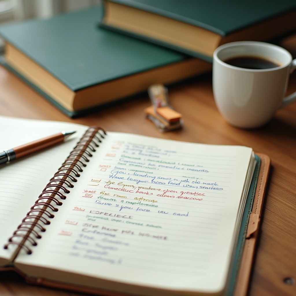 Sistema de fichas y notas organizado sobre mesa de trabajo con libros marcados