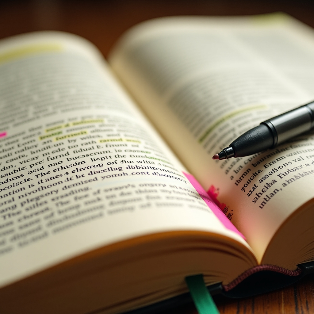 Páginas de libro con subrayado estructurado por colores sobre escritorio de madera