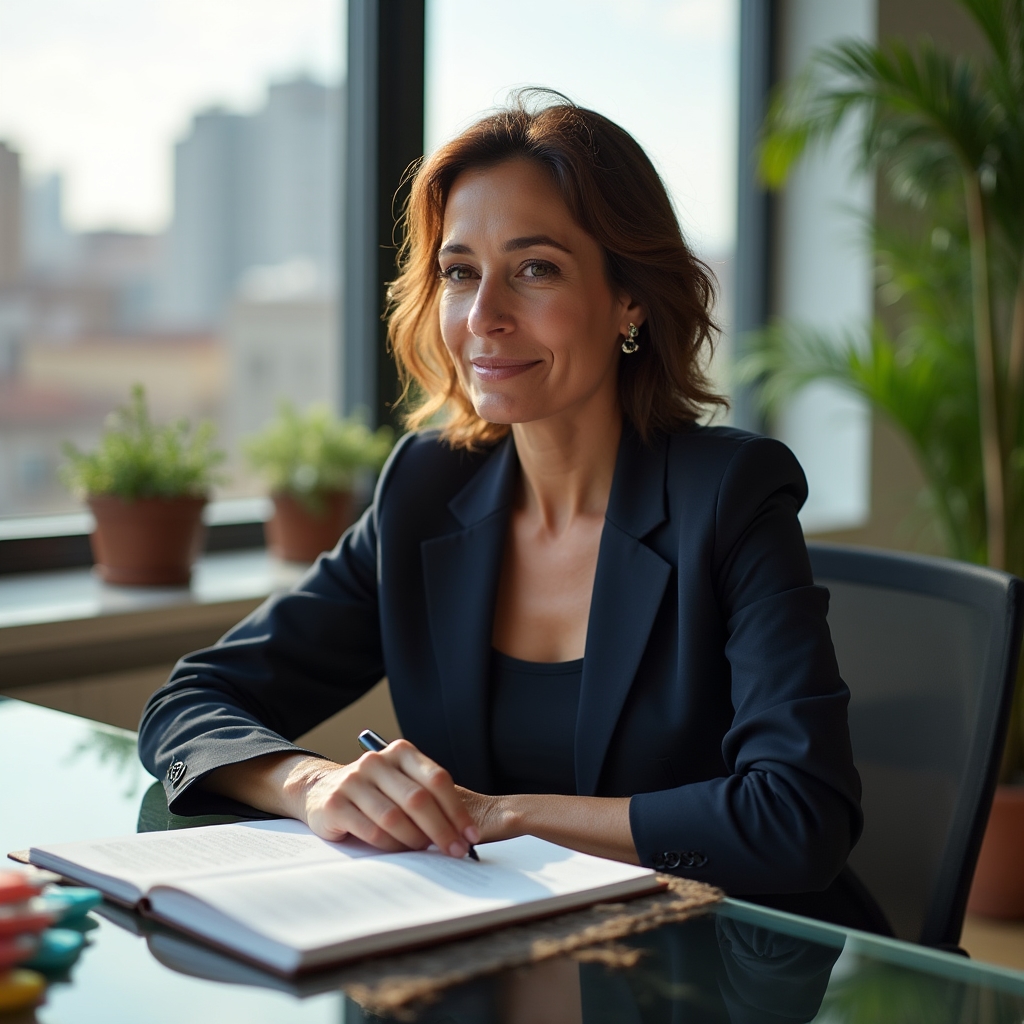 Profesional leyendo con sistema de notas organizado sobre escritorio moderno