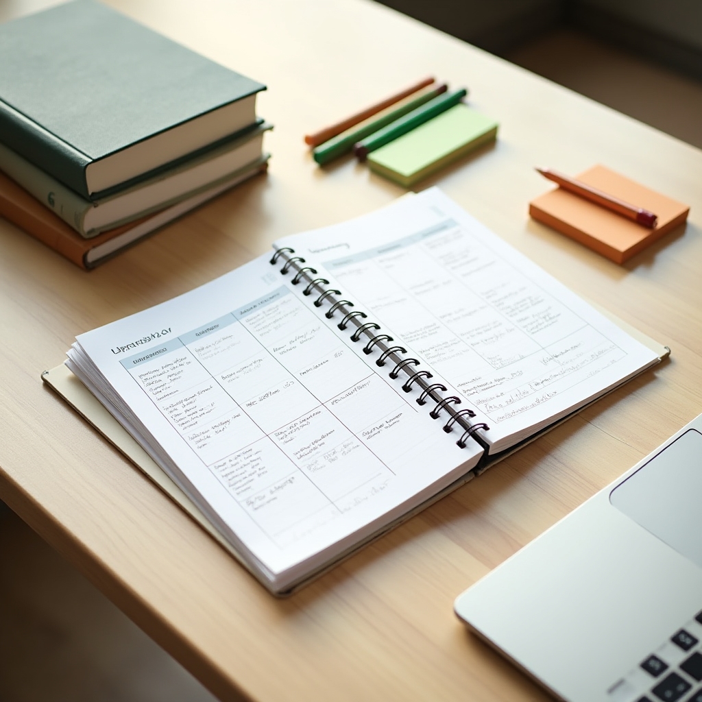 Plan de lectura trimestral con libros y calendario organizados sobre escritorio
