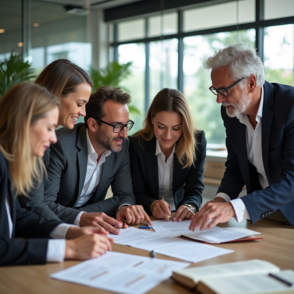 Equipo de profesionales compartiendo notas y fichas en sesión de trabajo colaborativo